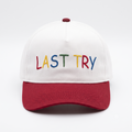 SkateMoss "LAST TRY" Retro Two-Tone Dad Hat – White & Burgundy Cotton Cap with Multi-Color Embroidery