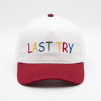 SkateMoss "LAST TRY" Retro Two-Tone Dad Hat – White & Burgundy Cotton Cap with Multi-Color Embroidery