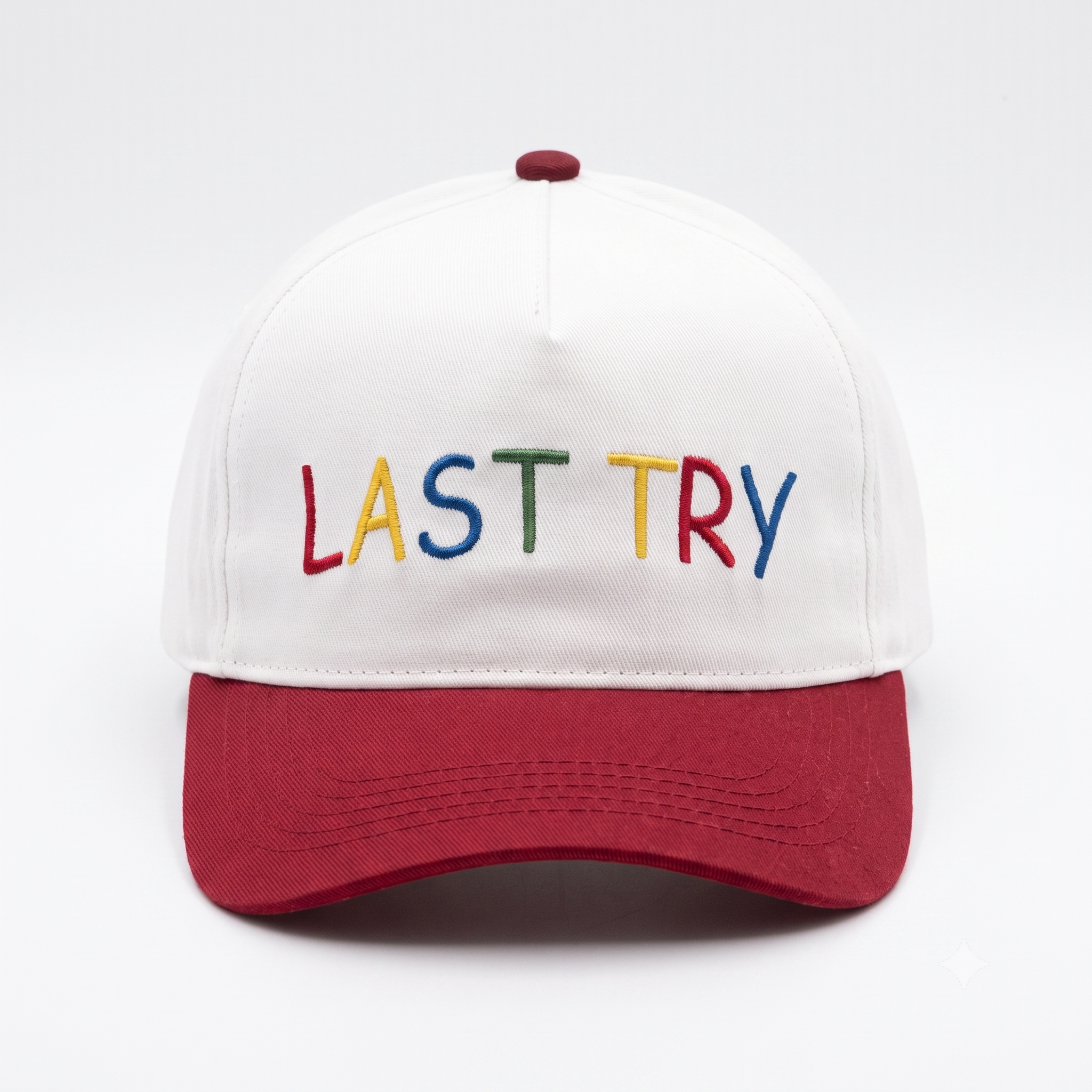 SkateMoss "LAST TRY" Retro Two-Tone Dad Hat – White & Burgundy Cotton Cap with Multi-Color Embroidery