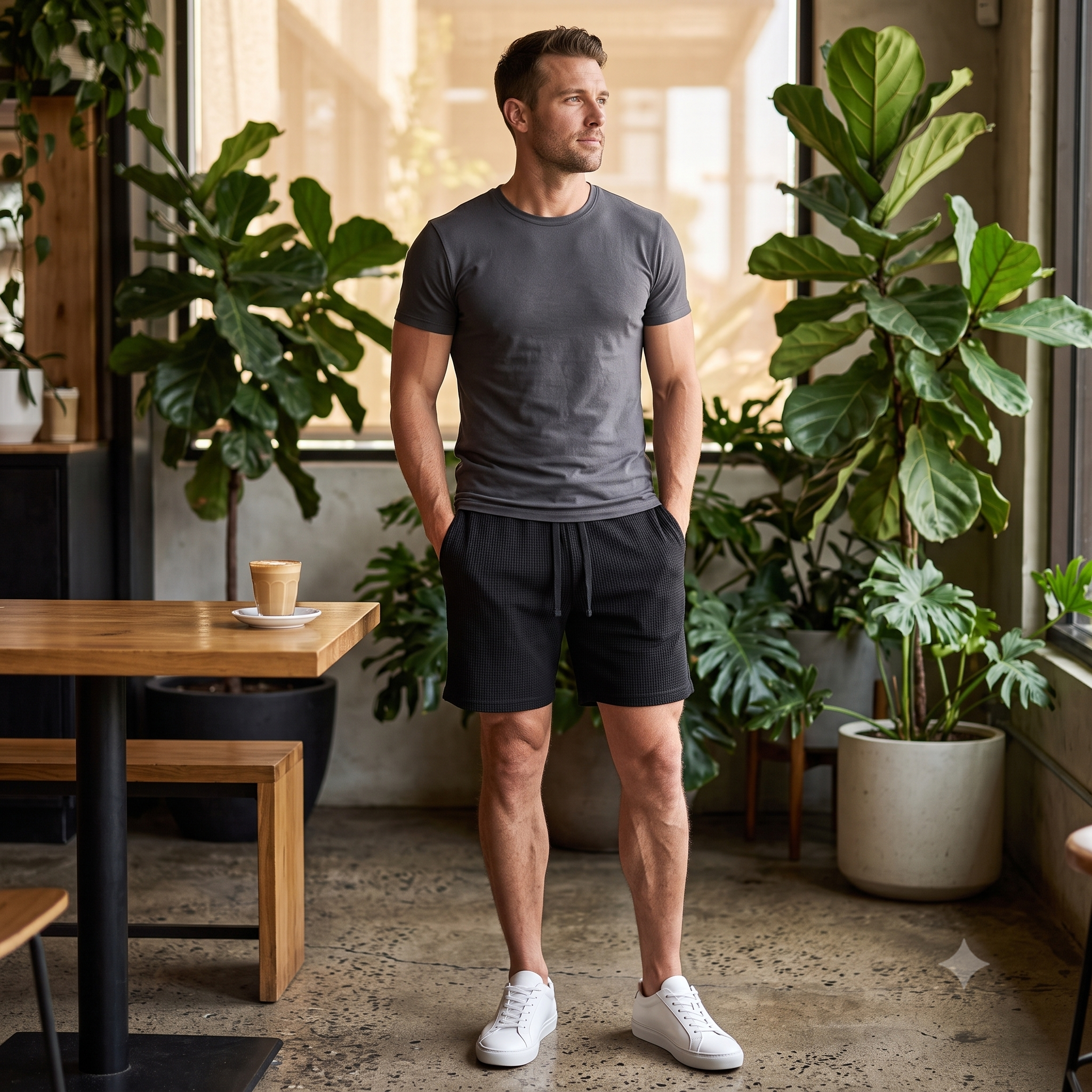 Men's Waffle Knit Lounge Summer Shorts - Black