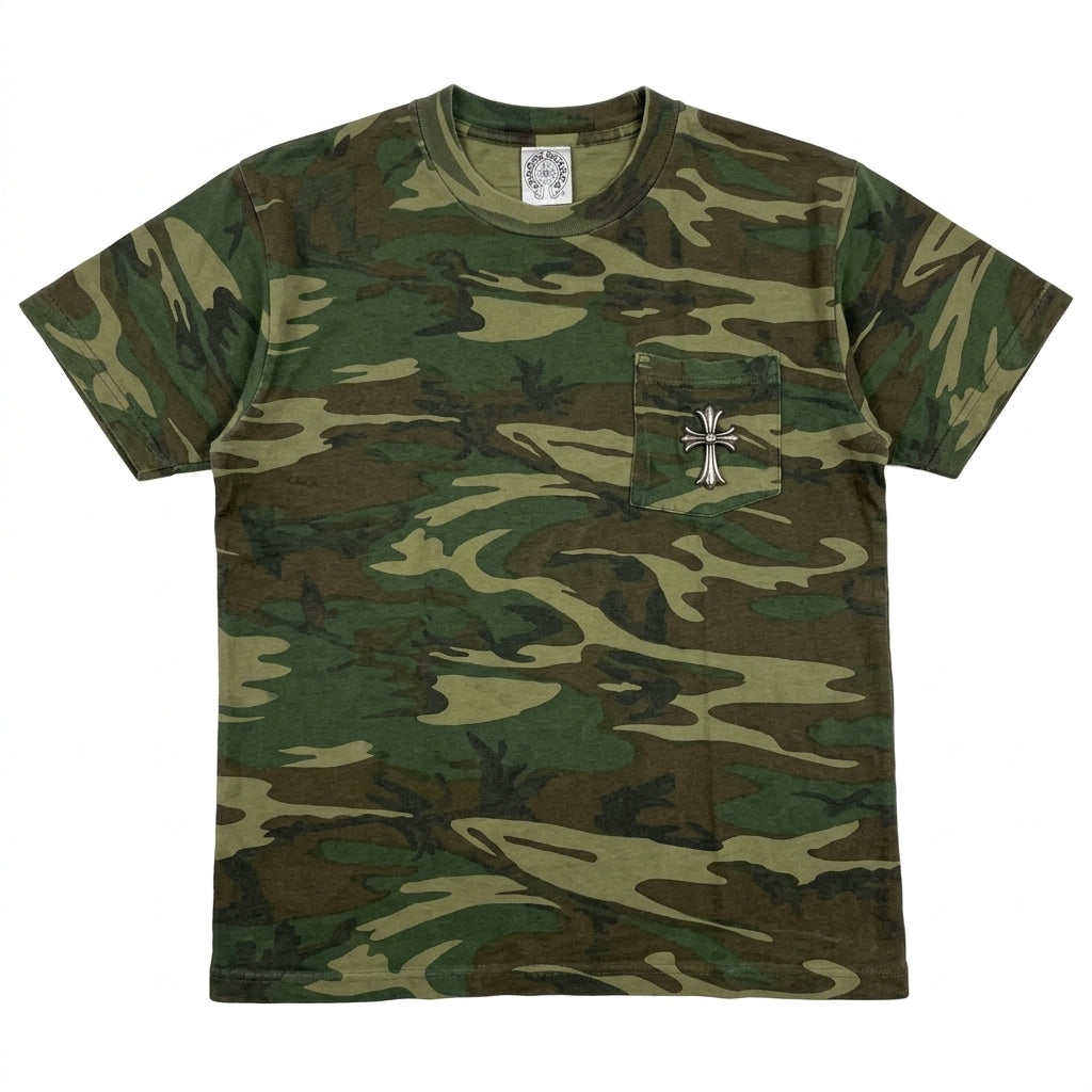 Vintage Chrome Hearts Vintage Camouflage T-Shirt - Woodland Camo with Cross Embroidered Pocket (Size L)