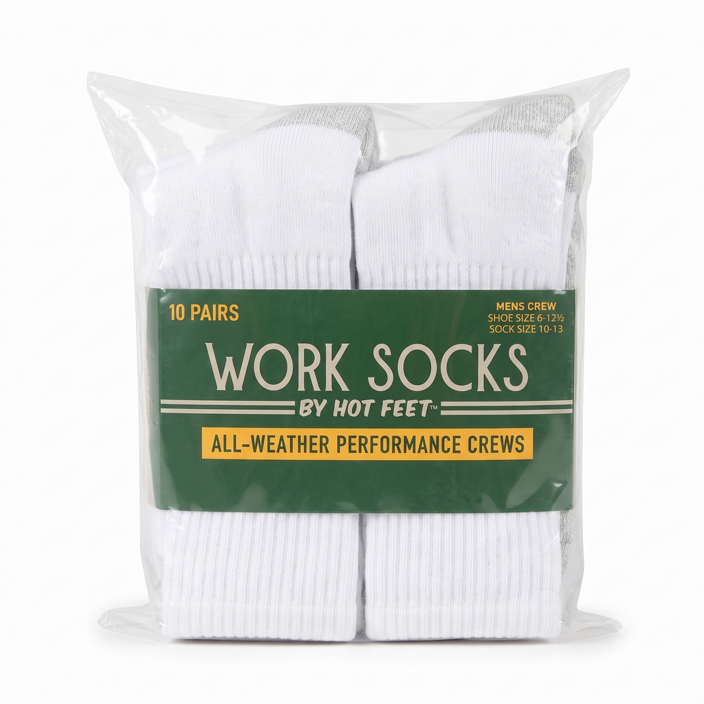 HOT FEET Men's Work Socks (10-Pack) | All Weather Boot Crew Cotton Socks | Cushioned Moisture-Wicking | Fits Shoe Size 6-12.5 (Sock Size 10-13)