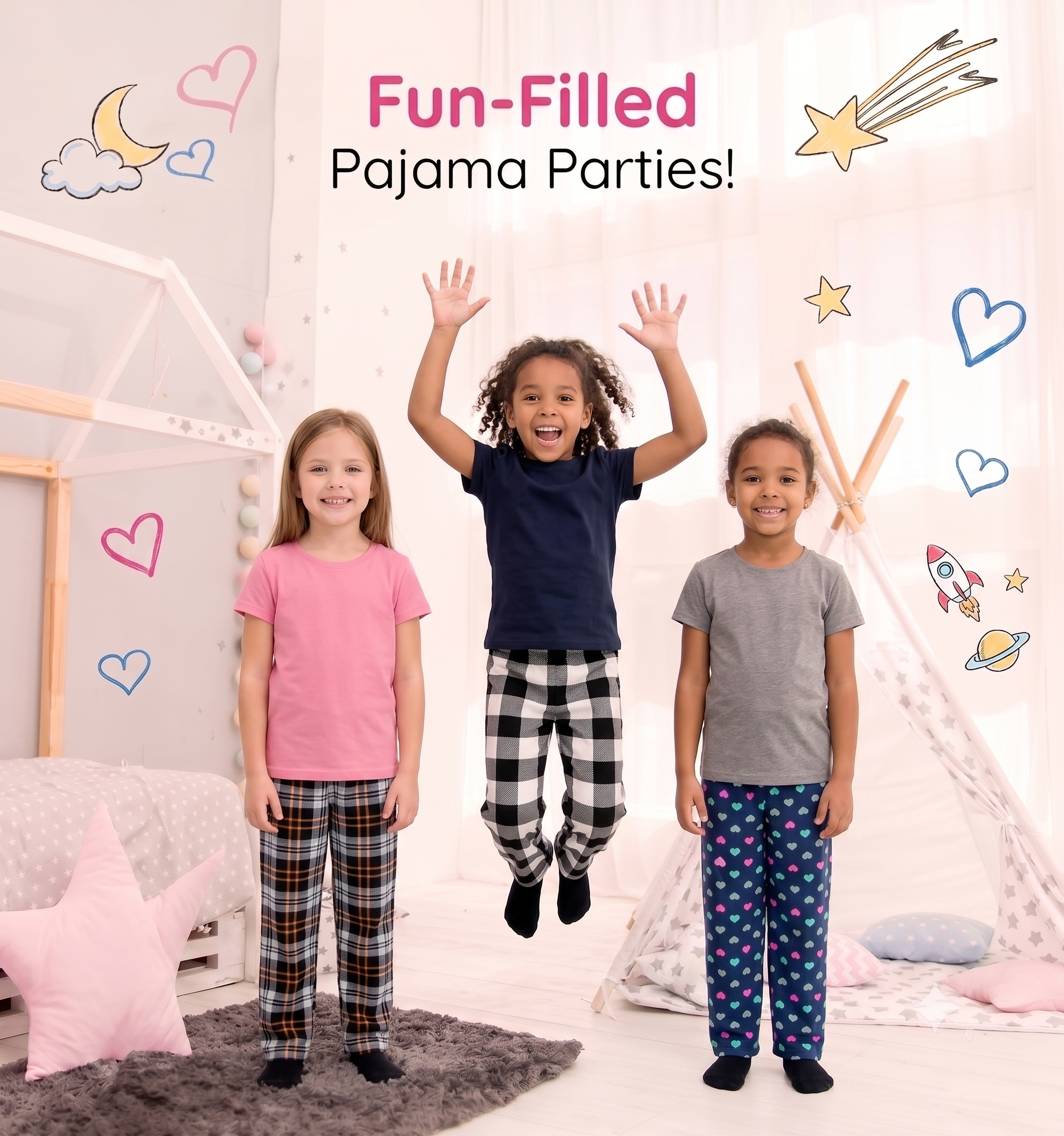 Mad Dog Girls' 3-Pack Microfleece Pajama Pants Set - Hearts, Buffalo Plaid, and Black Plaid