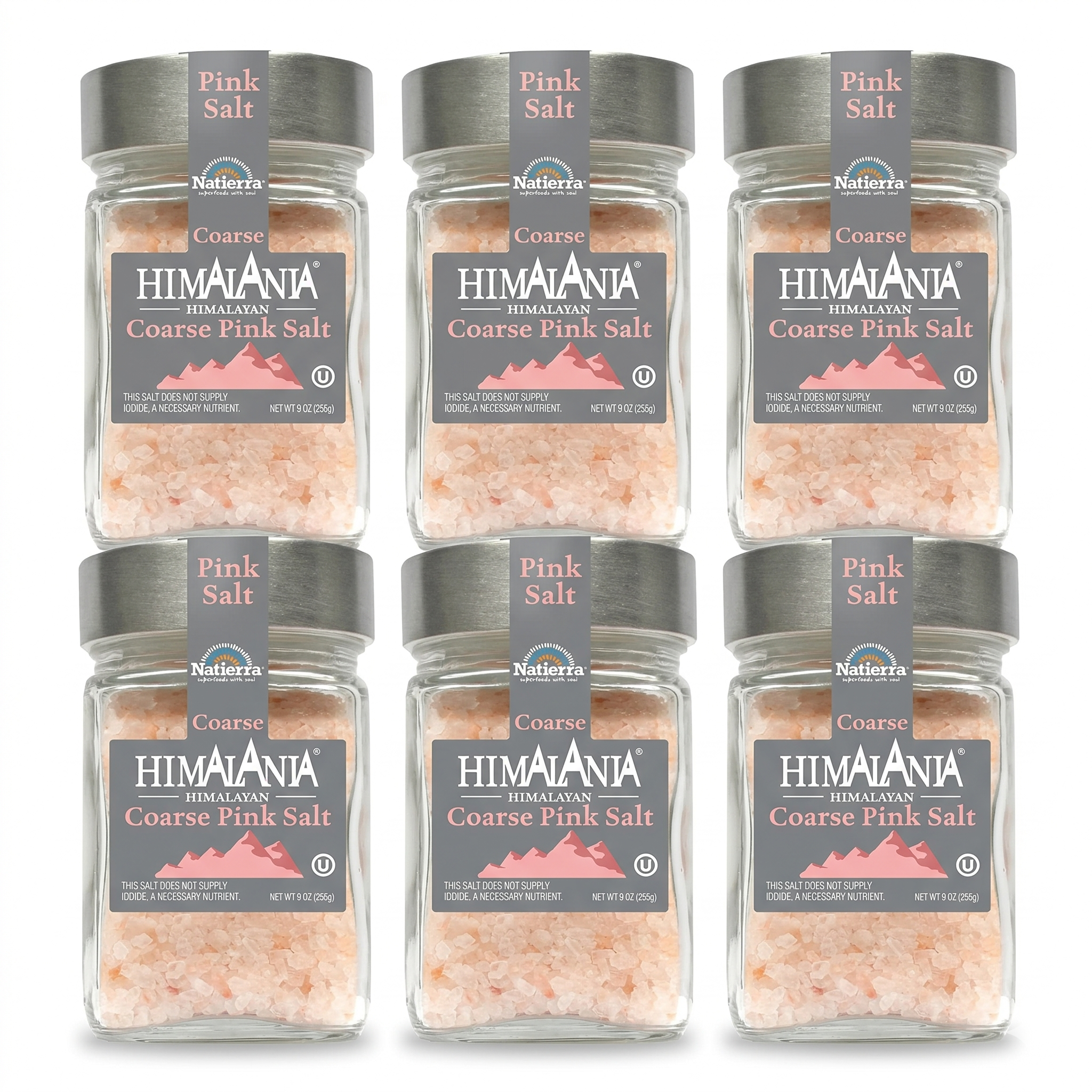 Natierra Himalania® Coarse Pink Salt Premium Glass Jar – 9 oz (6-Pack)