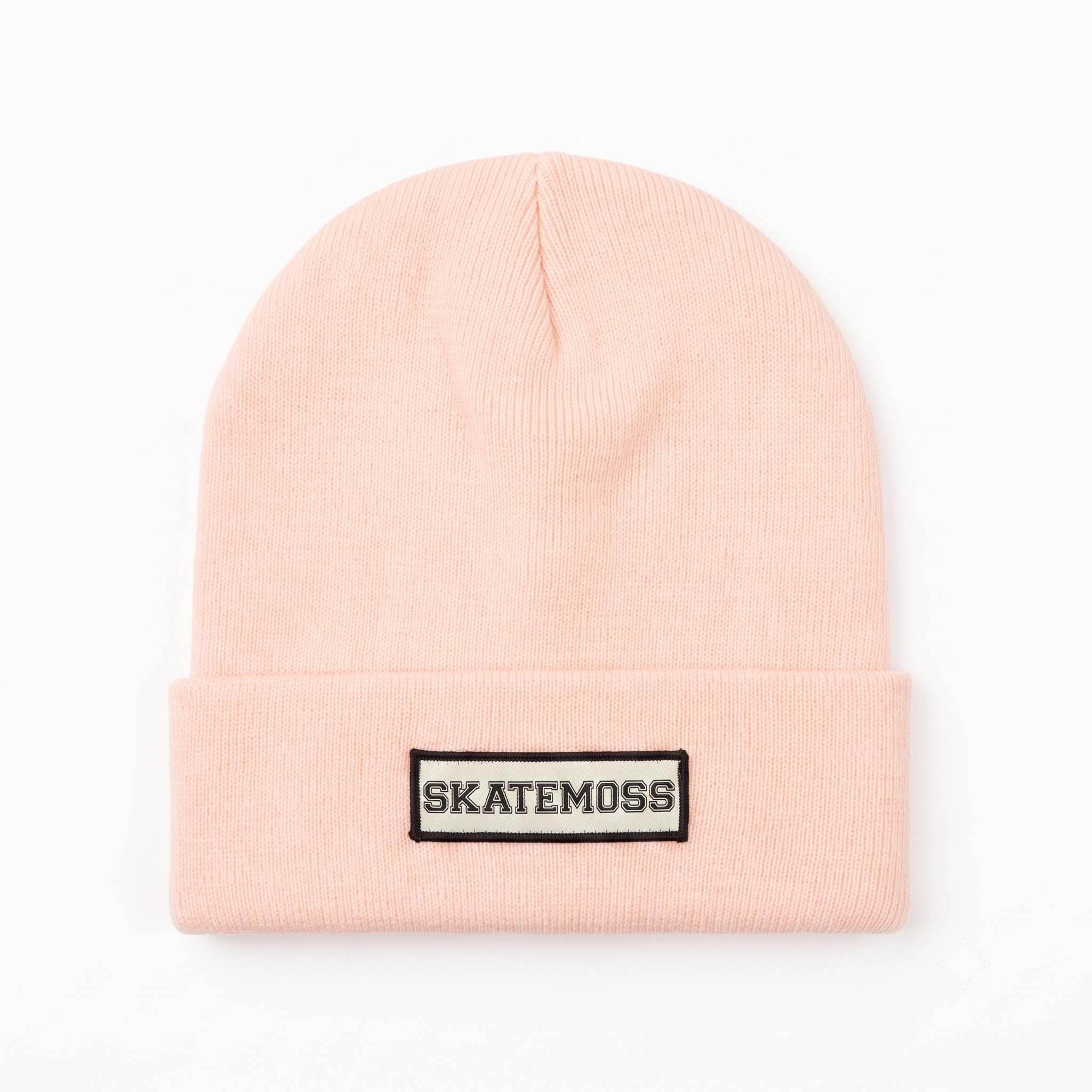 SkateMoss Signage Knit Beanie – Pastel Pink Cuffed Winter Cap with Monochrome Logo Patch
