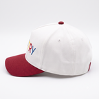 SkateMoss "LAST TRY" Retro Two-Tone Dad Hat – White & Burgundy Cotton Cap with Multi-Color Embroidery
