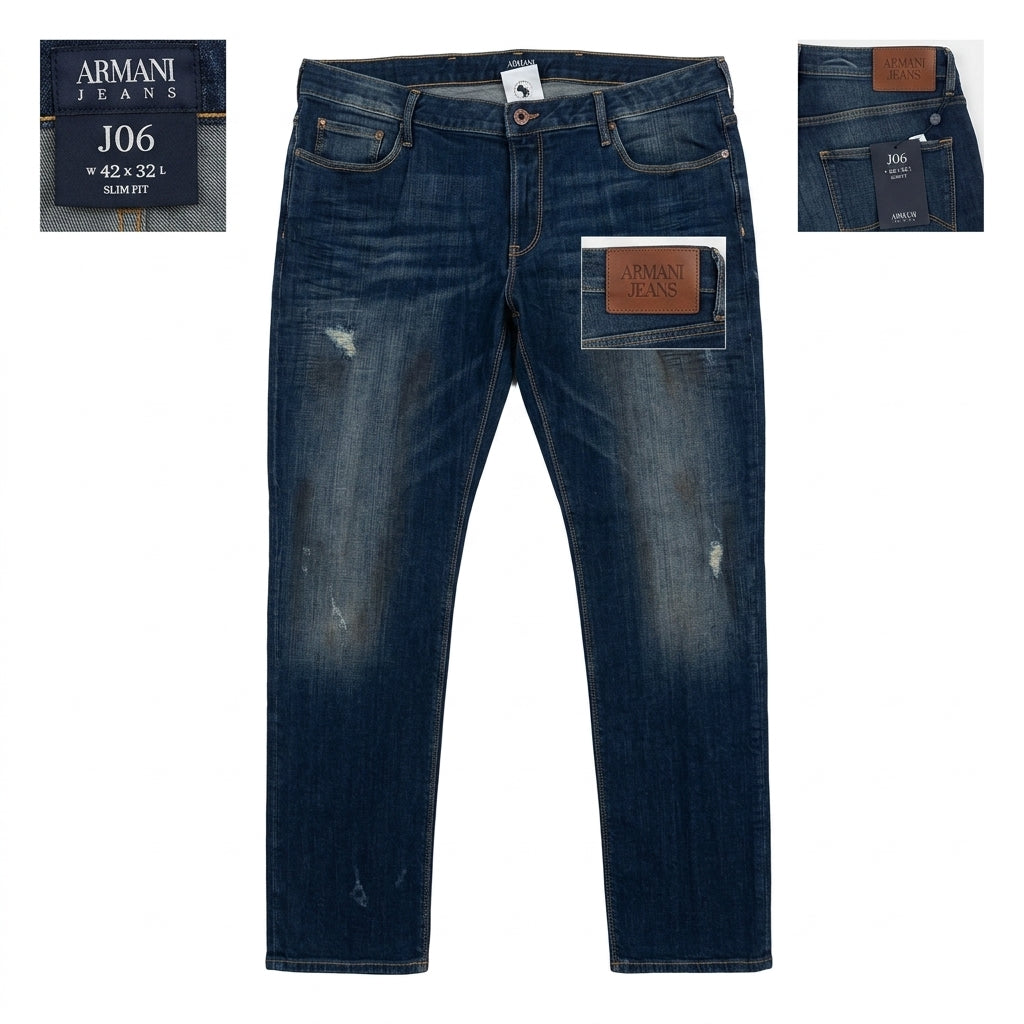 Armani Jeans J06 Slim Fit Distressed Blue Denim Jeans (42x32)