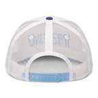 SkateMoss "YEEEW!" High-Crown Mesh Trucker Hat – White & Light Blue 5-Panel Snapback Cap