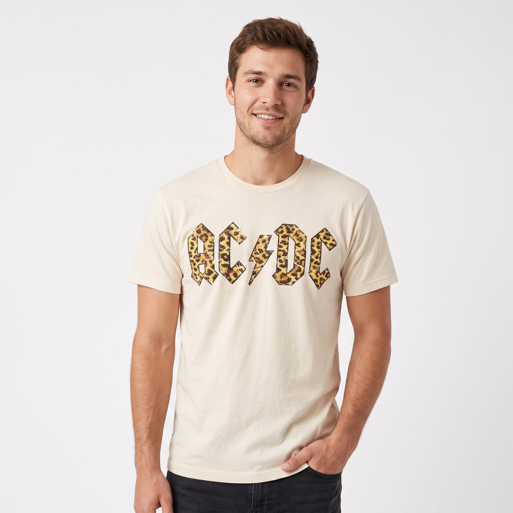 AC/DC Leopard Print Logo Graphic Tee – Women's Unisex Vintage Band T-Shirt, Cream