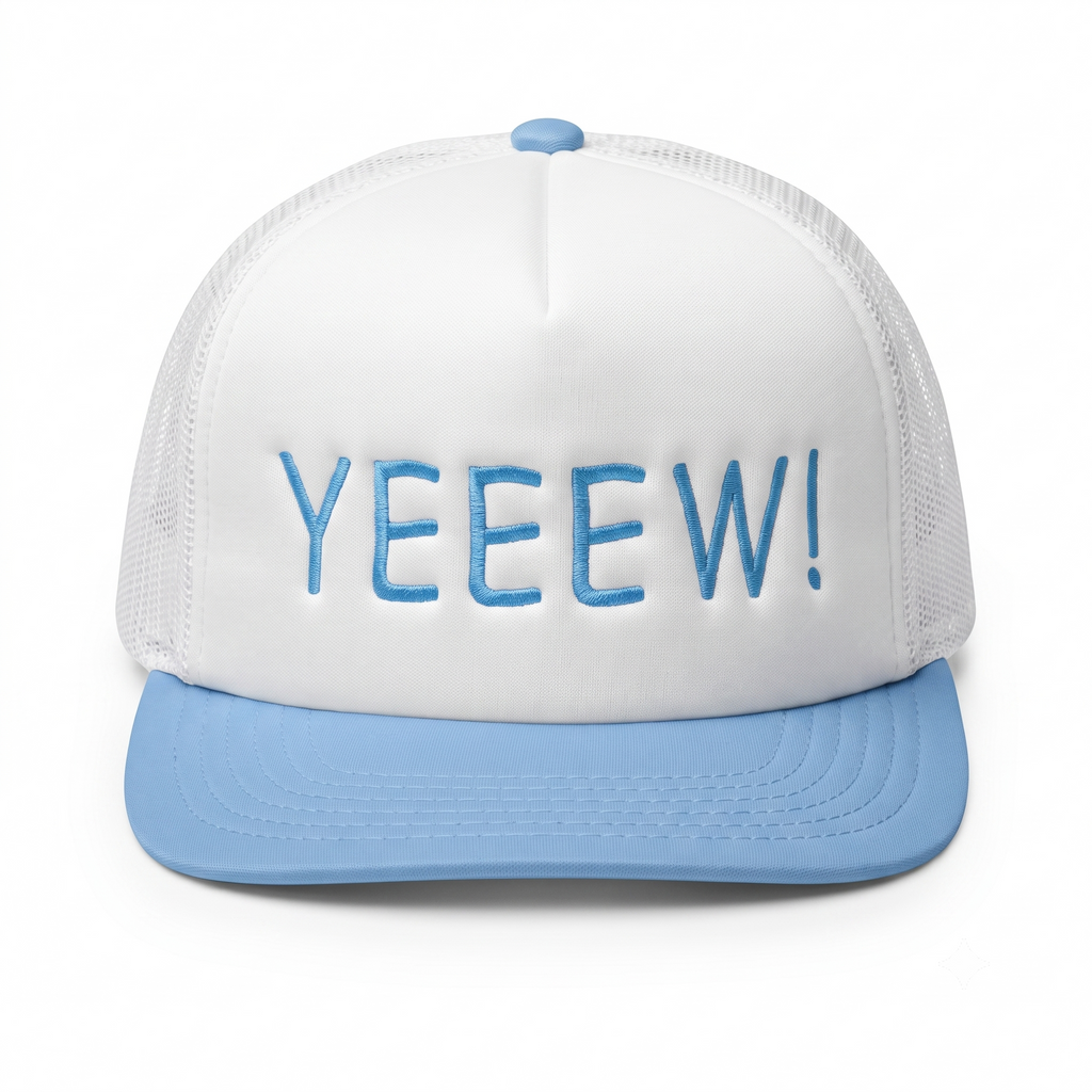 SkateMoss "YEEEW!" High-Crown Mesh Trucker Hat – White & Light Blue 5-Panel Snapback Cap