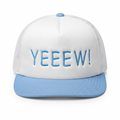 SkateMoss "YEEEW!" High-Crown Mesh Trucker Hat – White & Light Blue 5-Panel Snapback Cap