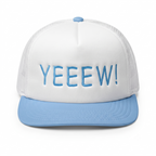 SkateMoss "YEEEW!" High-Crown Mesh Trucker Hat – White & Light Blue 5-Panel Snapback Cap