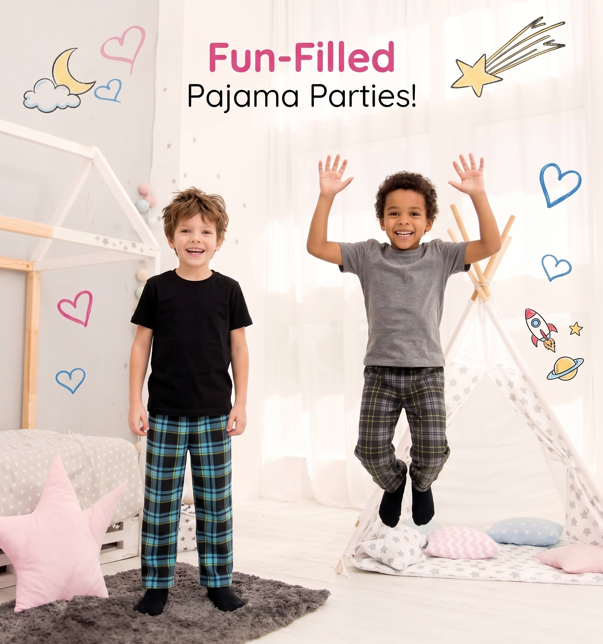 Mad Dog Boy's 2-Pack Microfleece Plaid Pajama Pants with Cozy Slipper Socks Set
