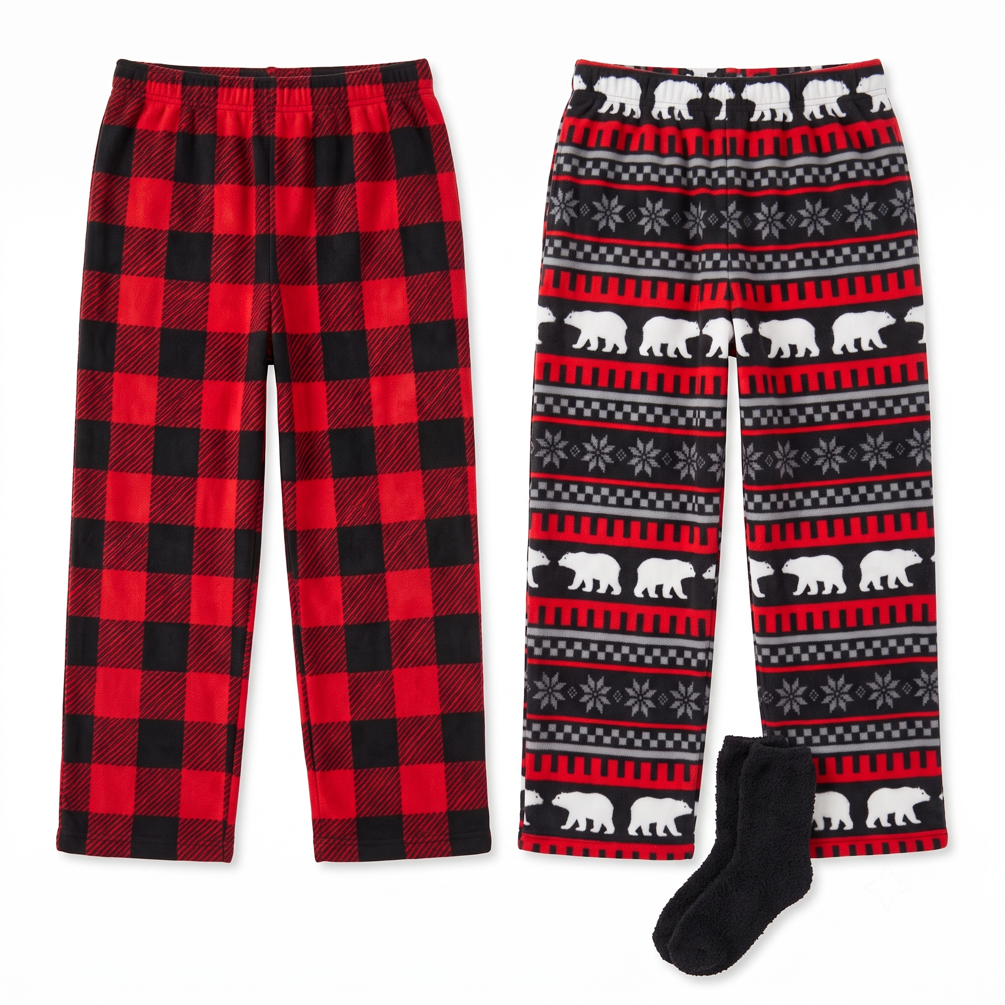 Boys Bear Fair Isle & Buffalo Plaid Fleece 2-fer Jogger Set with Socks