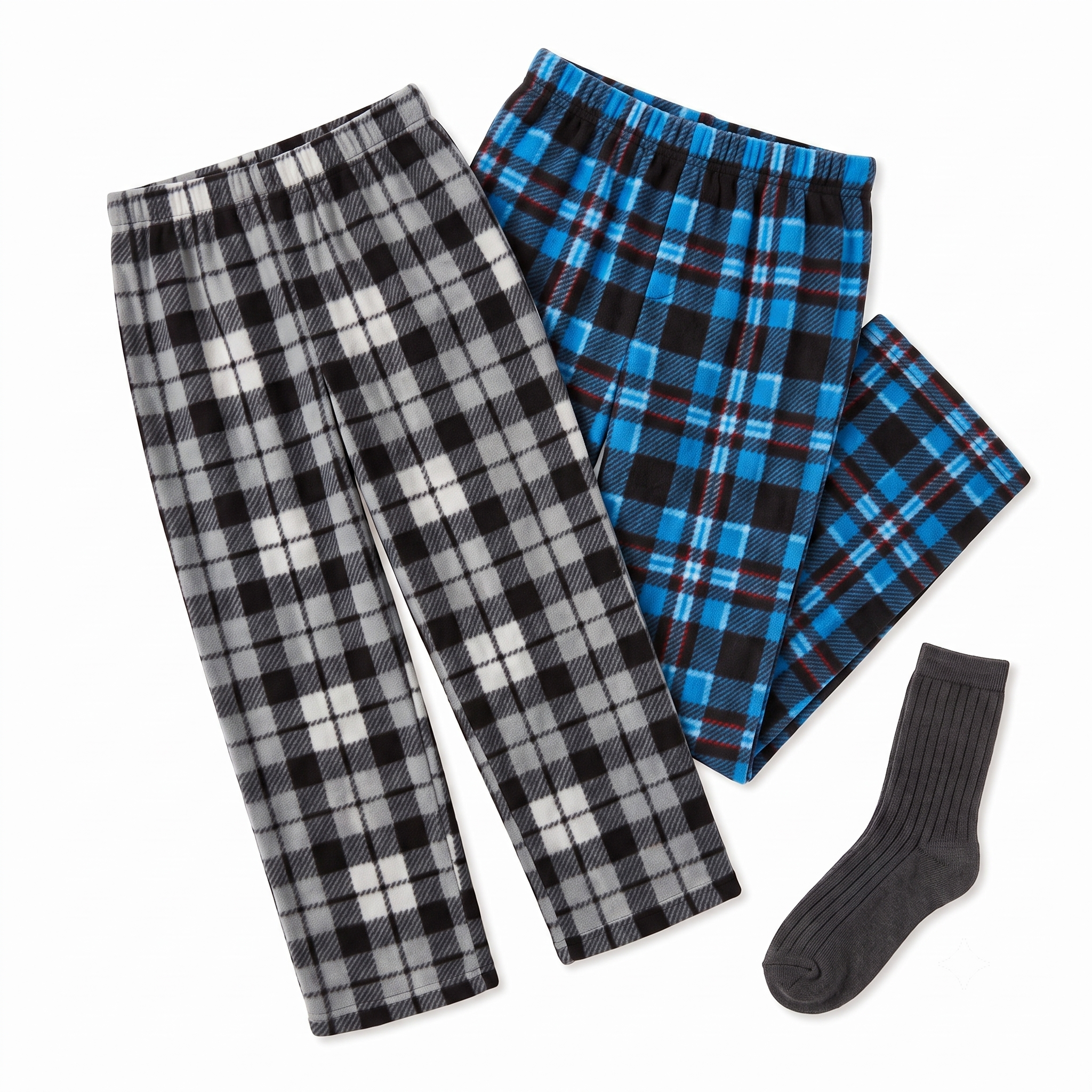 Mad Dog Boy's 2-Pack Gray & Black Plaid Fleece Pajama Pants with Socks Set