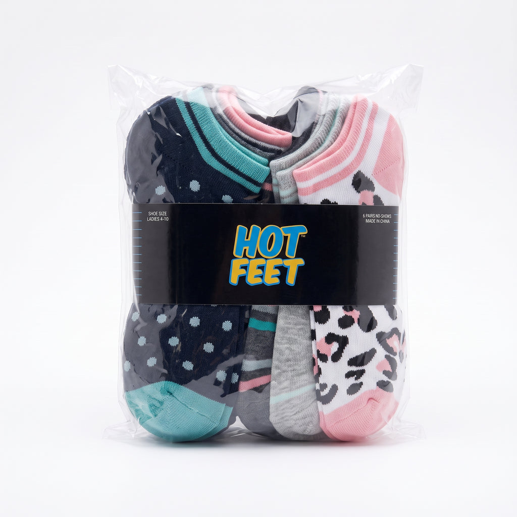 HOT FEET Women's No-Show Socks 6-Pack – Polka Dots, Stripes, Pink Leopard & Solids Low-Cut Socks (Size 4-10)
