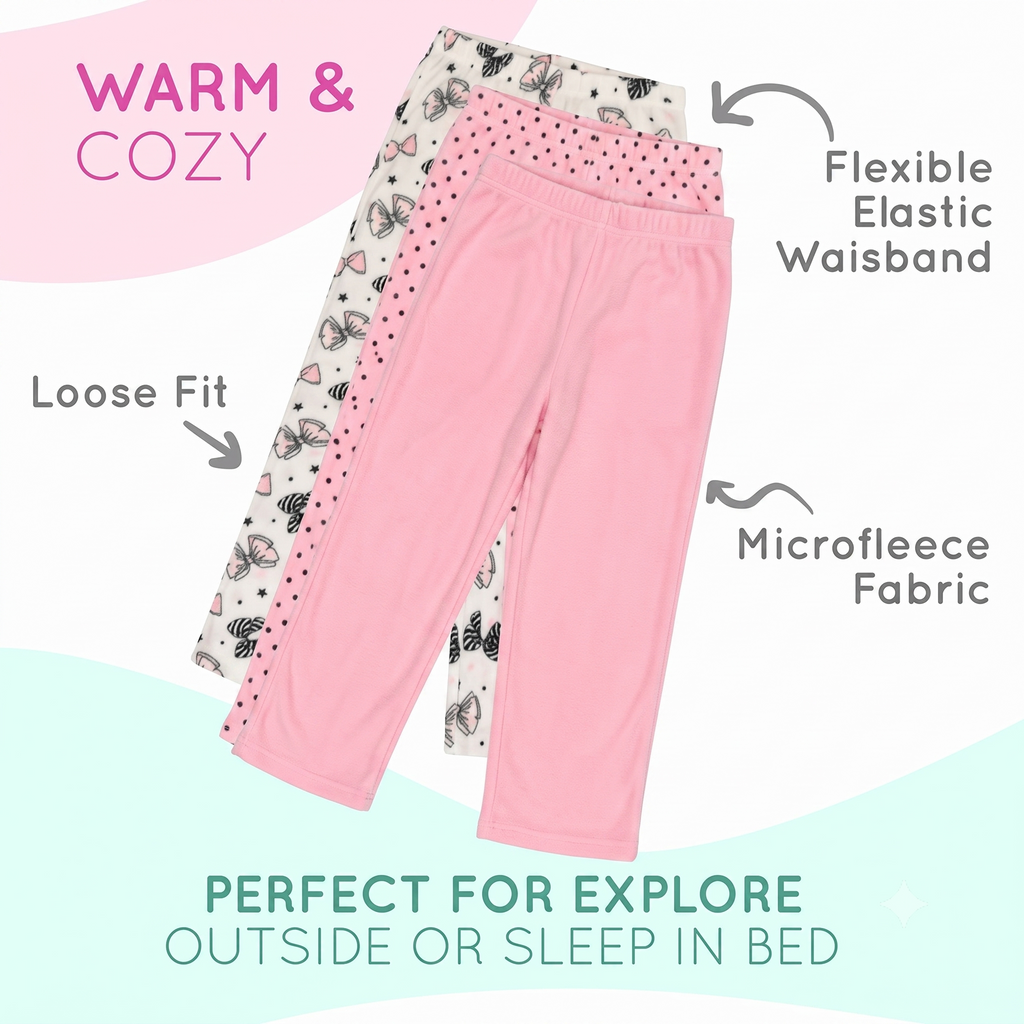 Mad Dog Girls' 3-Pack Microfleece Pajama Pants Set - Pink Bow & Butterfly, Pink Stars, and Pink Solid