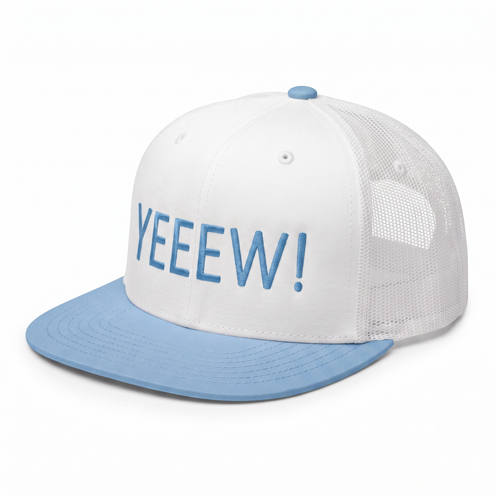 SkateMoss "YEEEW!" High-Crown Mesh Trucker Hat – White & Light Blue 5-Panel Snapback Cap