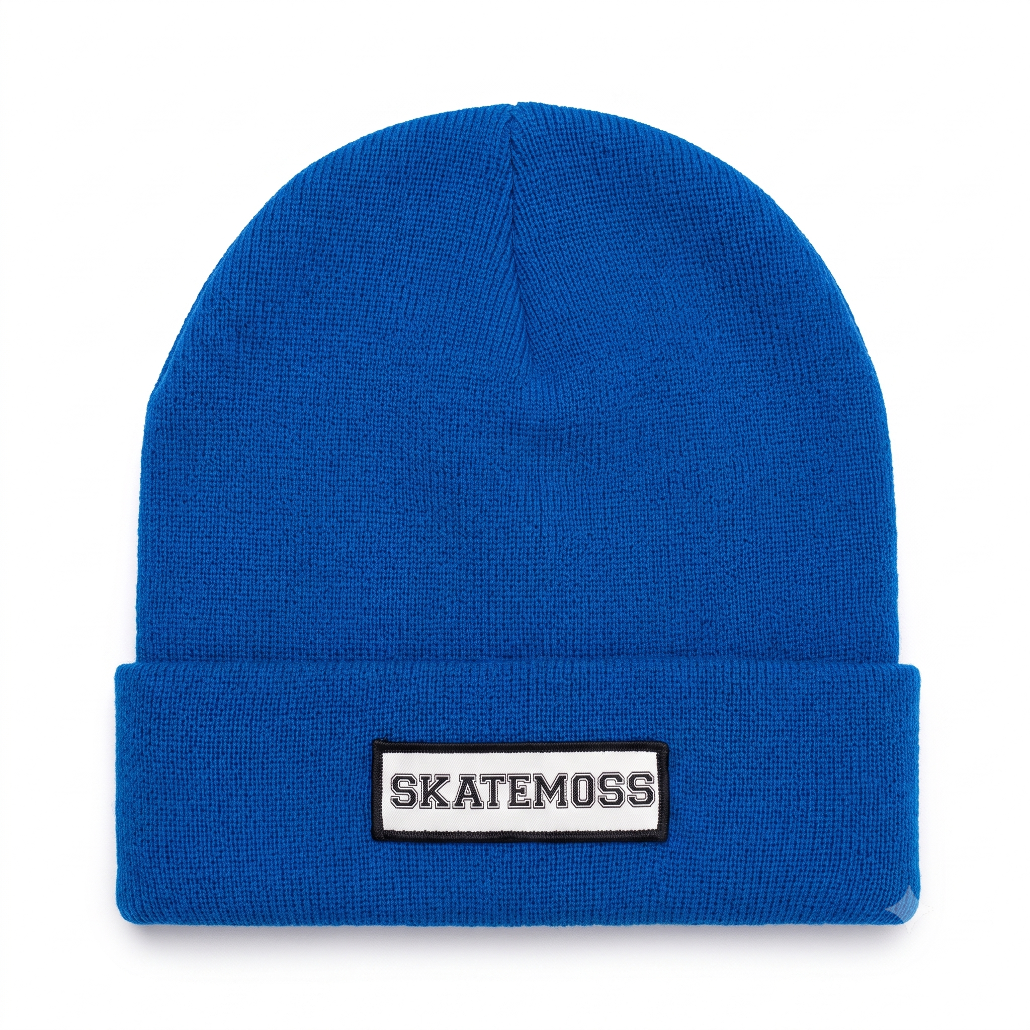 SkateMoss Signage Knit Beanie – Royal Blue Cuffed Winter Cap with Monochrome Logo Patch