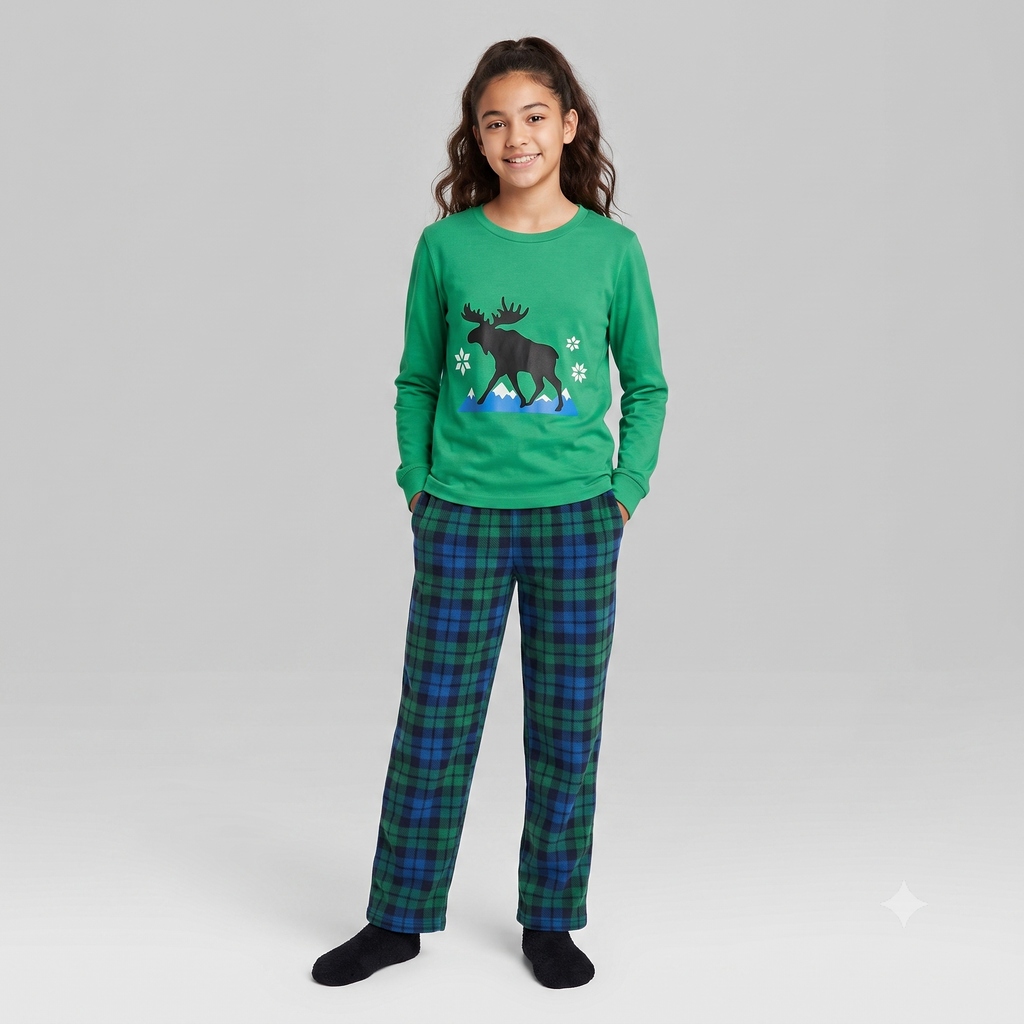 Mad Dog Concepts Women's Green Moose Holiday Pajama & Slipper Sock Set - Green Plaid
