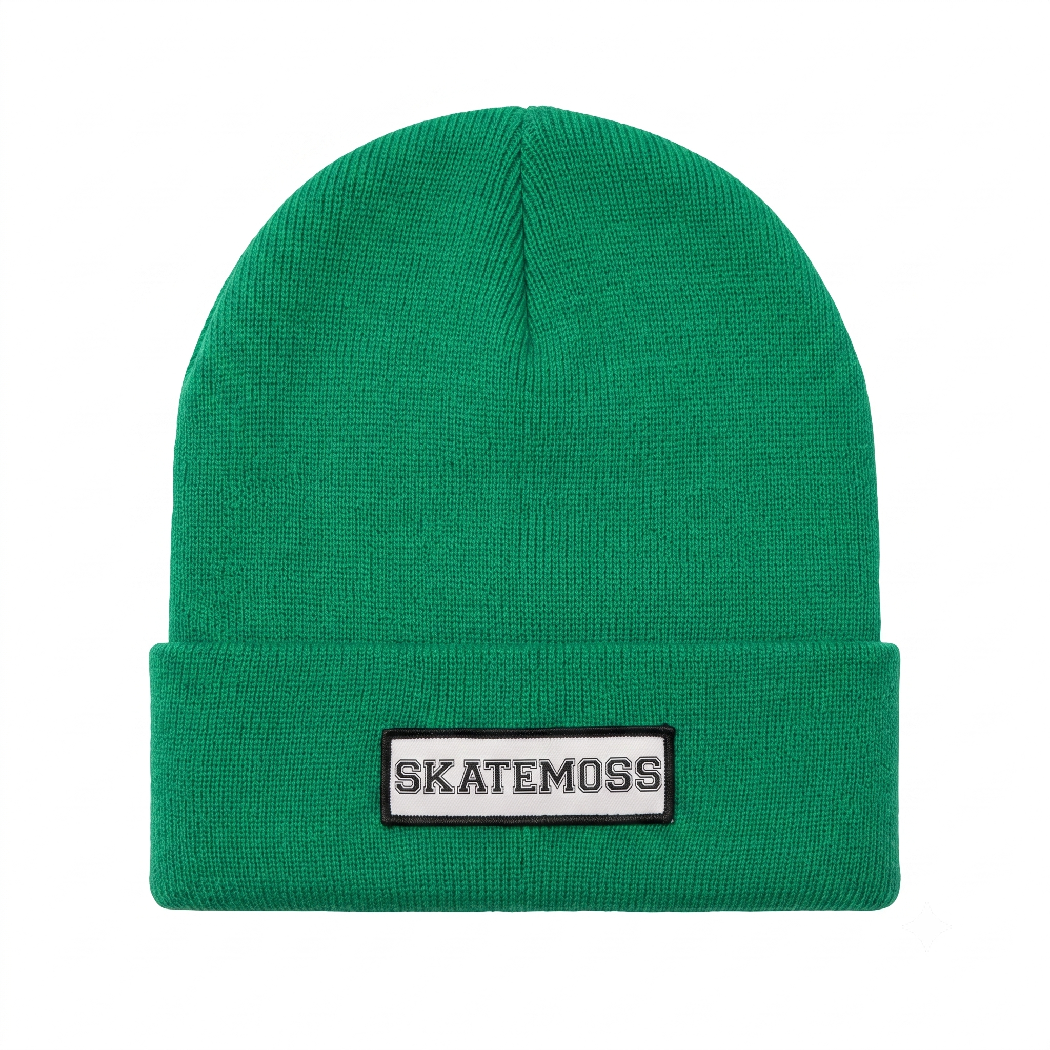 SkateMoss Signage Knit Beanie – Kelly Green Cuffed Winter Cap with Monochrome Logo Patch