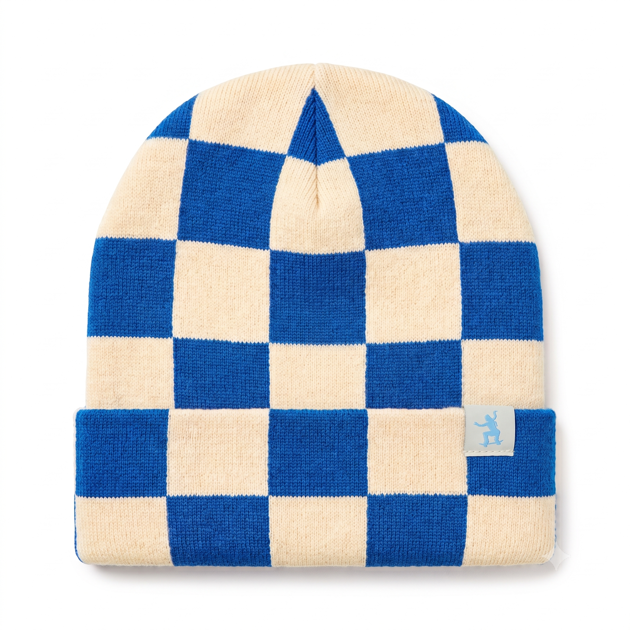 SkateMoss Grandmaster Checkerboard Knit Beanie – Cream & Royal Blue Cuffed Winter Cap