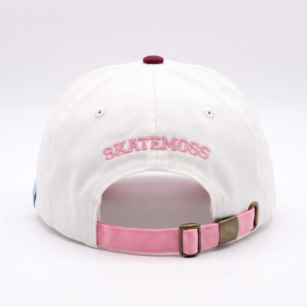 SkateMoss Pastel Color-Block Dad Hat – Crisp White Cotton Cap with Pink Checkered Brim