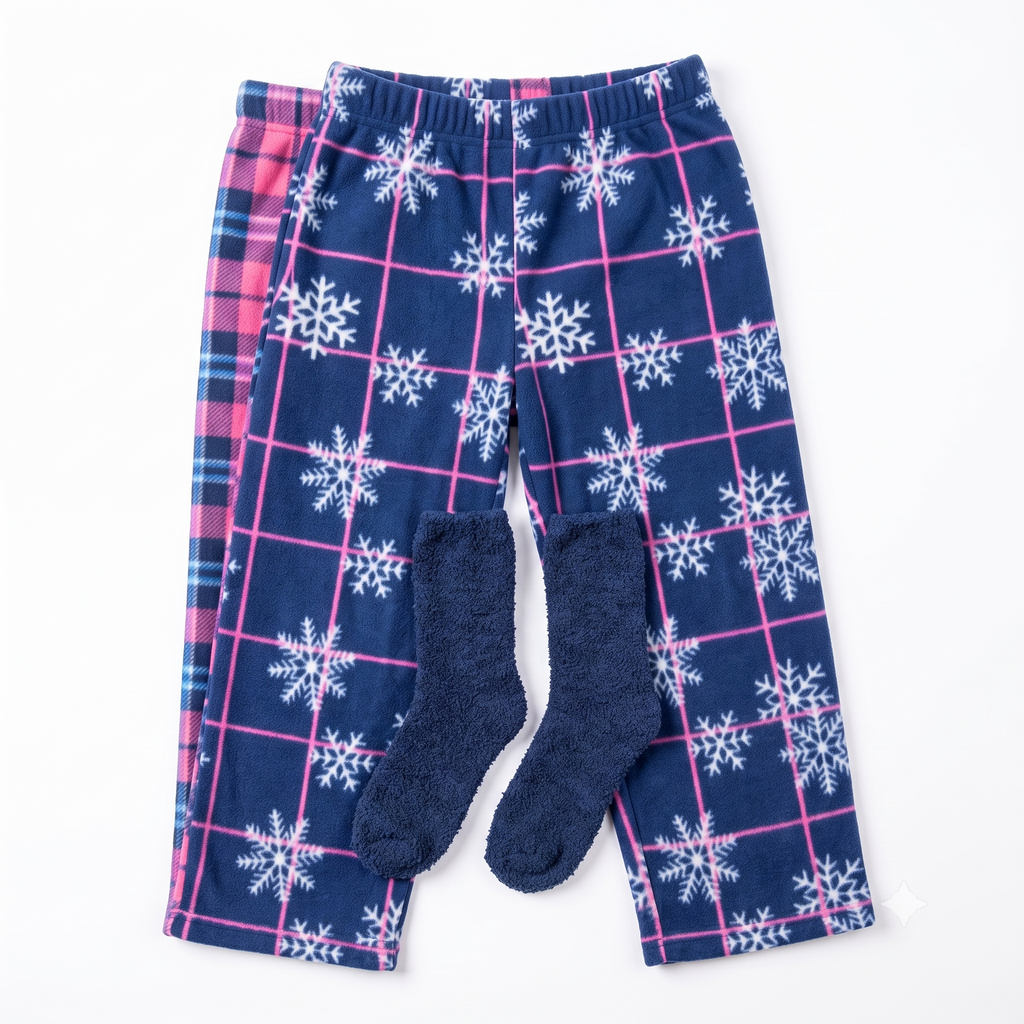 Girls' Snowflake Grid / Pink Plaid Fleece Pants with Socks (2-Piece Set)