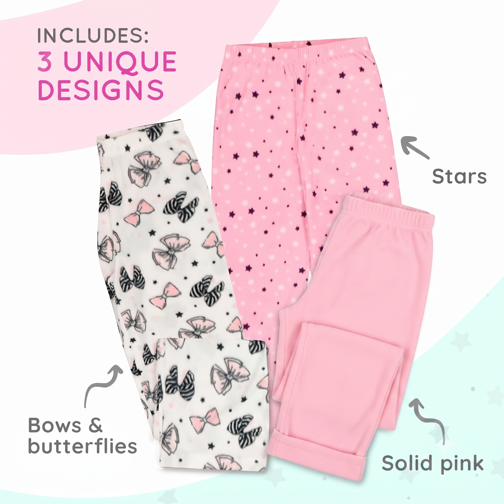 Mad Dog Girls' 3-Pack Microfleece Pajama Pants Set - Pink Bow & Butterfly, Pink Stars, and Pink Solid