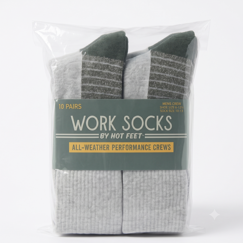 HOT FEET Men's Work Socks (10-Pack) | All Weather Boot Crew Cotton Socks | Cushioned Moisture-Wicking | Fits Shoe Size 6-12.5 (Sock Size 10-13)