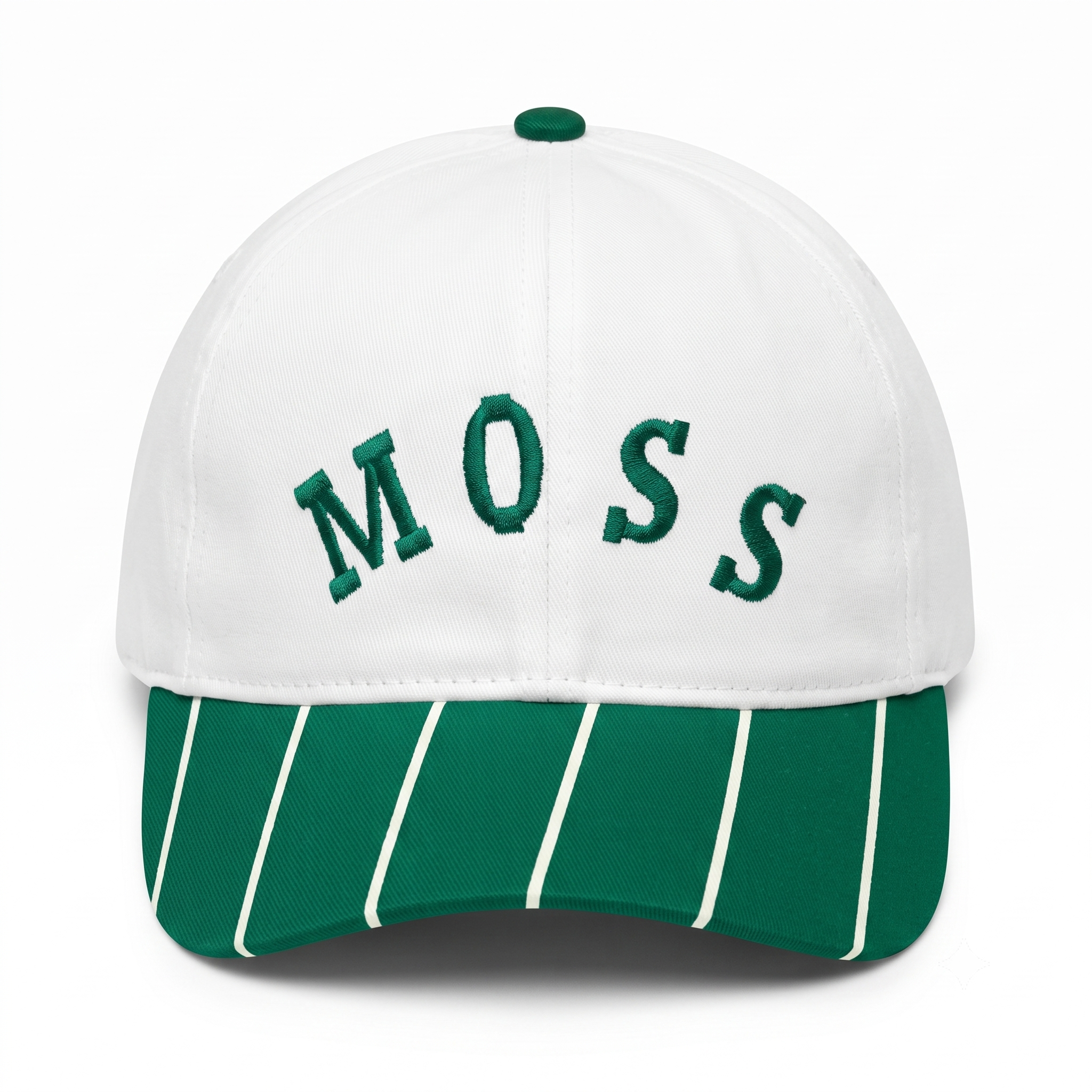 SkateMoss Varsity Pinstripe Dad Hat – Crisp White Cotton Cap with Forest Green Striped Brim