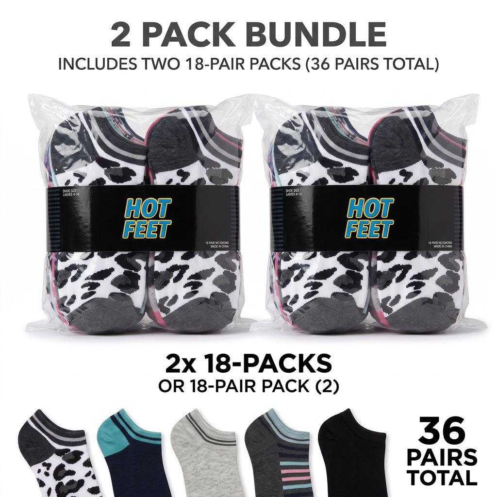 Hot Feet Women's No-Show Socks 36 Pairs (2 x 18-Pack) – Assorted Leopard, Argyle, Stripes, Polka Dots & Solids, Size 4-10