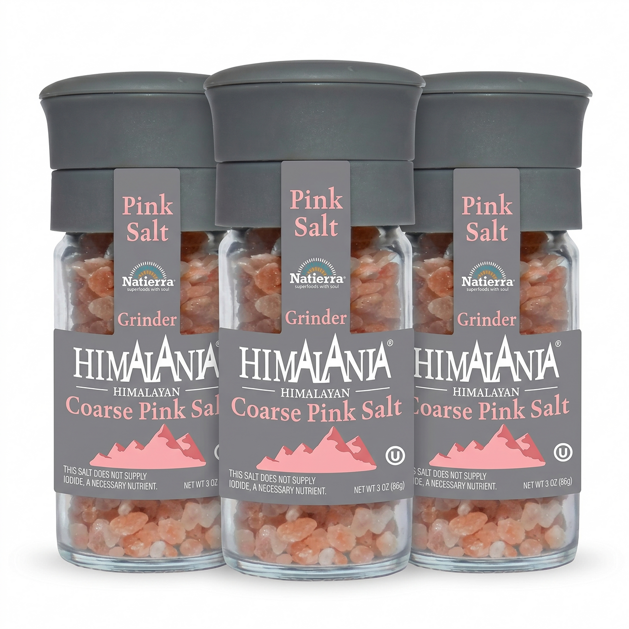 Natierra Himalania® Coarse Pink Salt Glass Grinder Bottle – 3 oz (3-Pack)