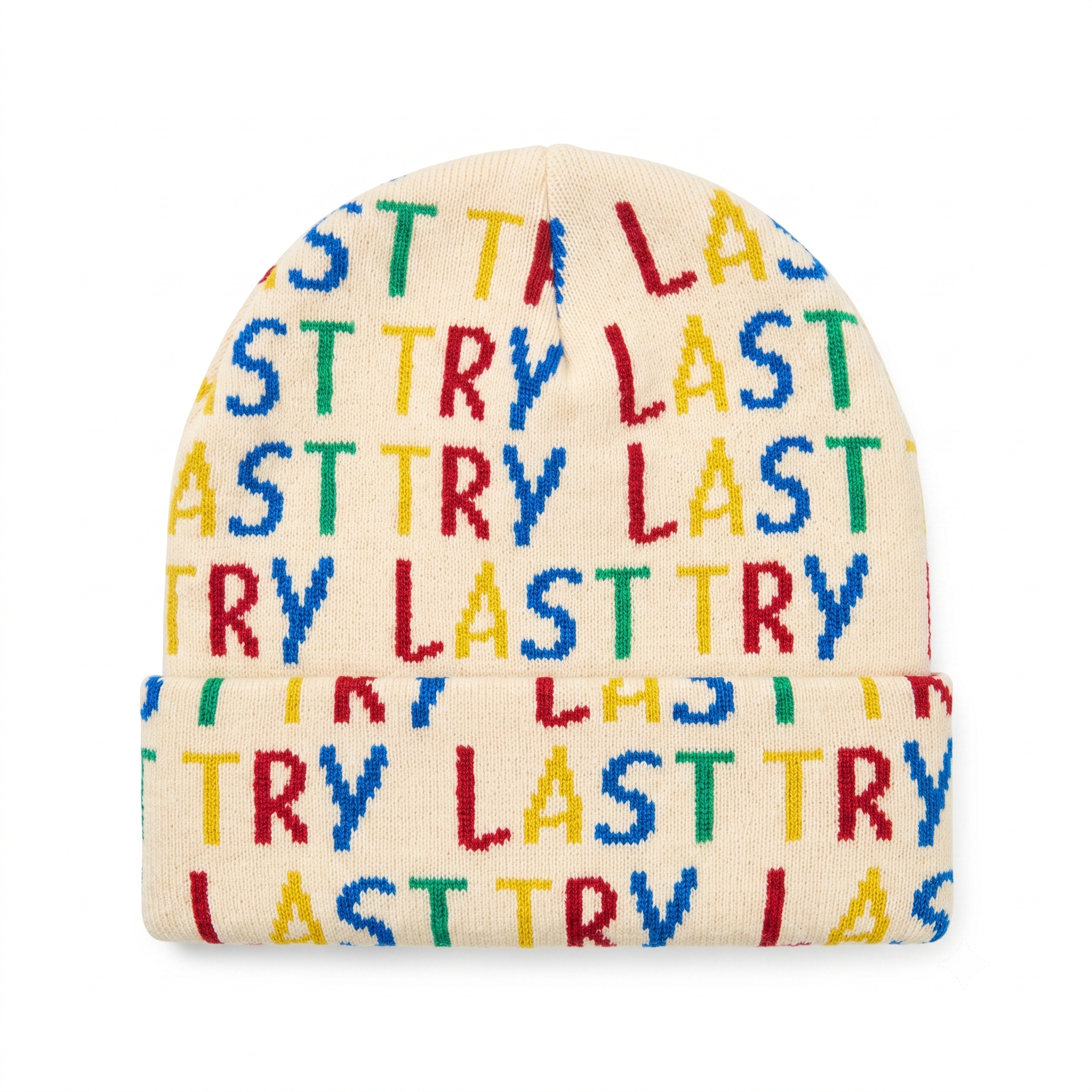 SkateMoss "Last Try" Knit Beanie – Cream Winter Cap with Multi-Color Text Pattern