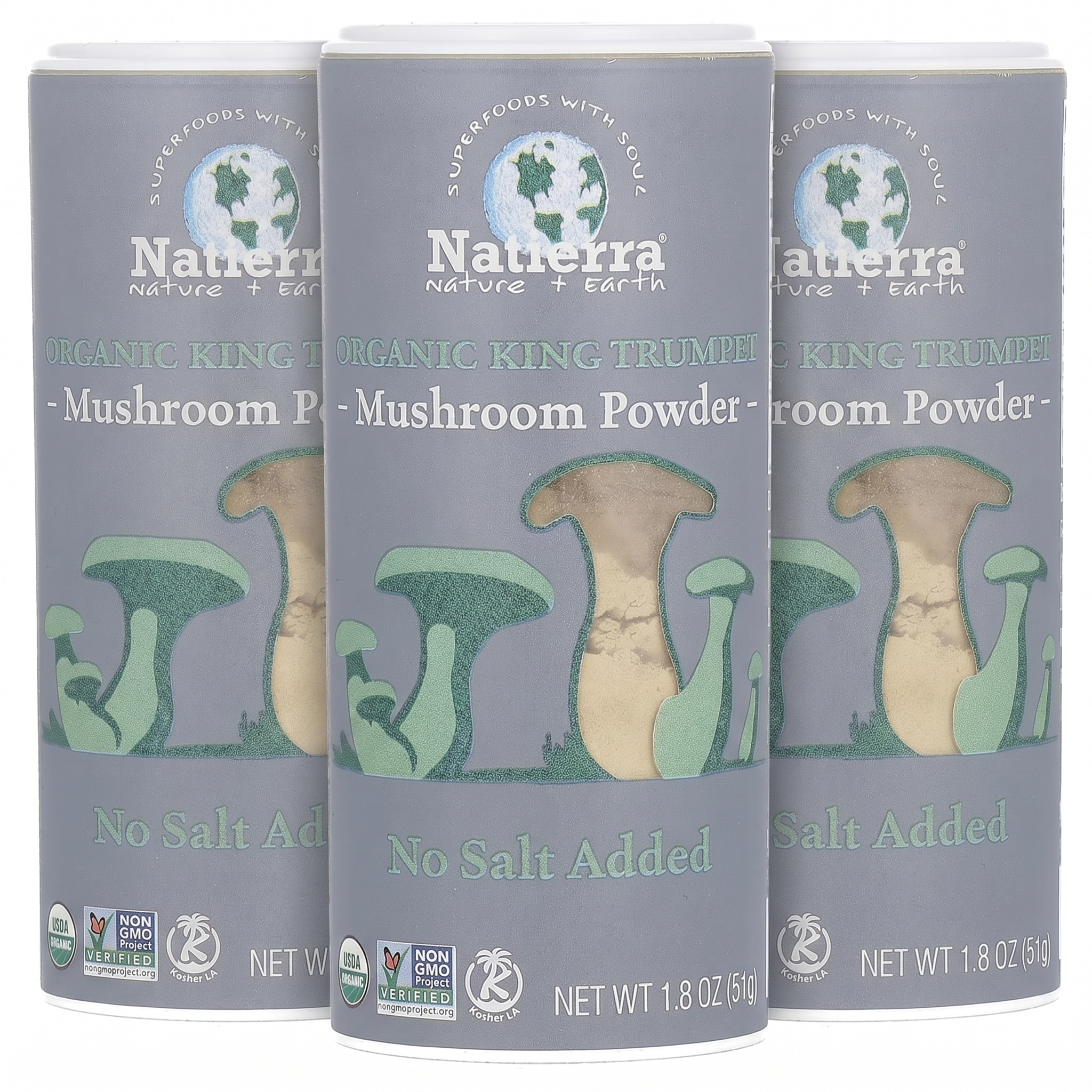Natierra Organic King Trumpet Mushroom Powder – No Salt Added, Pure Umami Seasoning (1.8 oz Shaker, 3-Pack)