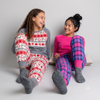Mad Dog Girls' Micro Fleece Jogger Pajama Pants 2-Pack with Slipper Socks - Llama Fair Isle & Pink Plaid