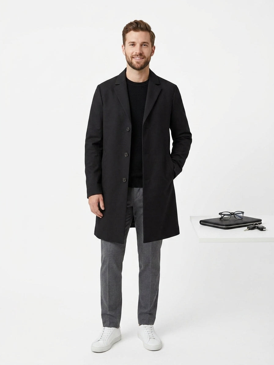 8 by Yoox Black Cotton Overcoat (Size 50)