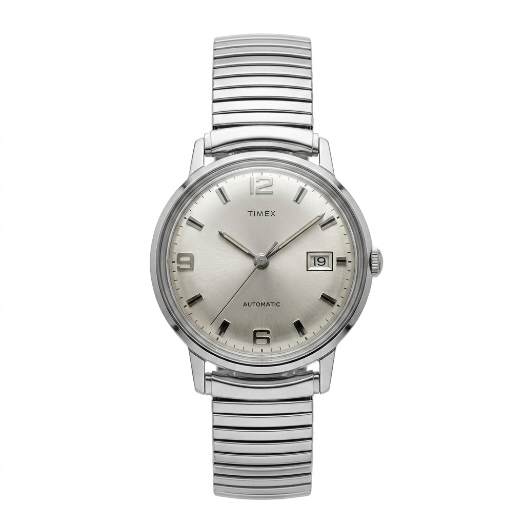 Vintage Timex Automatic Stainless Steel Watch - Silver Dial - Winding Required