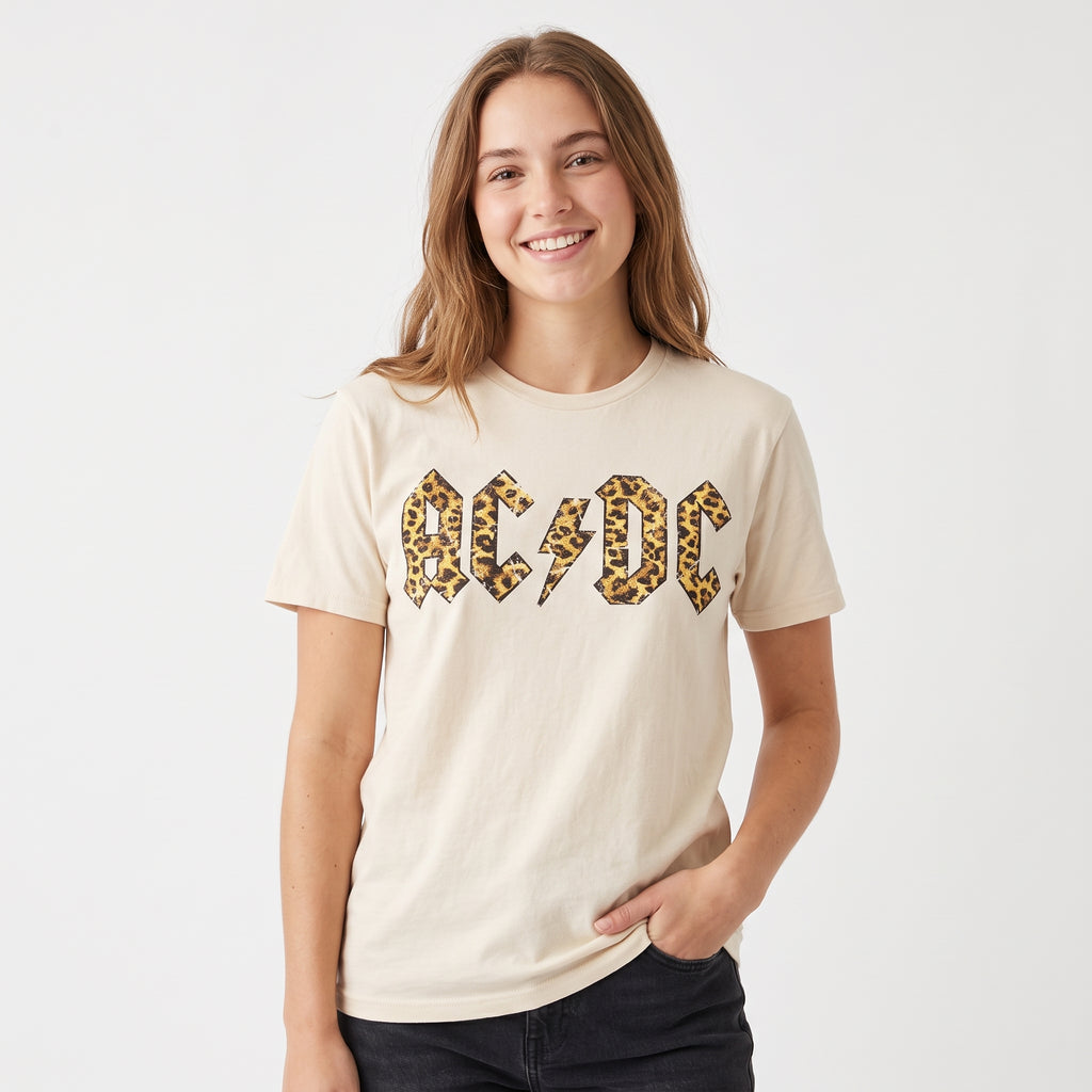 AC/DC Leopard Print Logo Graphic Tee – Women's Unisex Vintage Band T-Shirt, Cream