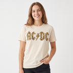 AC/DC Leopard Print Logo Graphic Tee – Women's Unisex Vintage Band T-Shirt, Cream