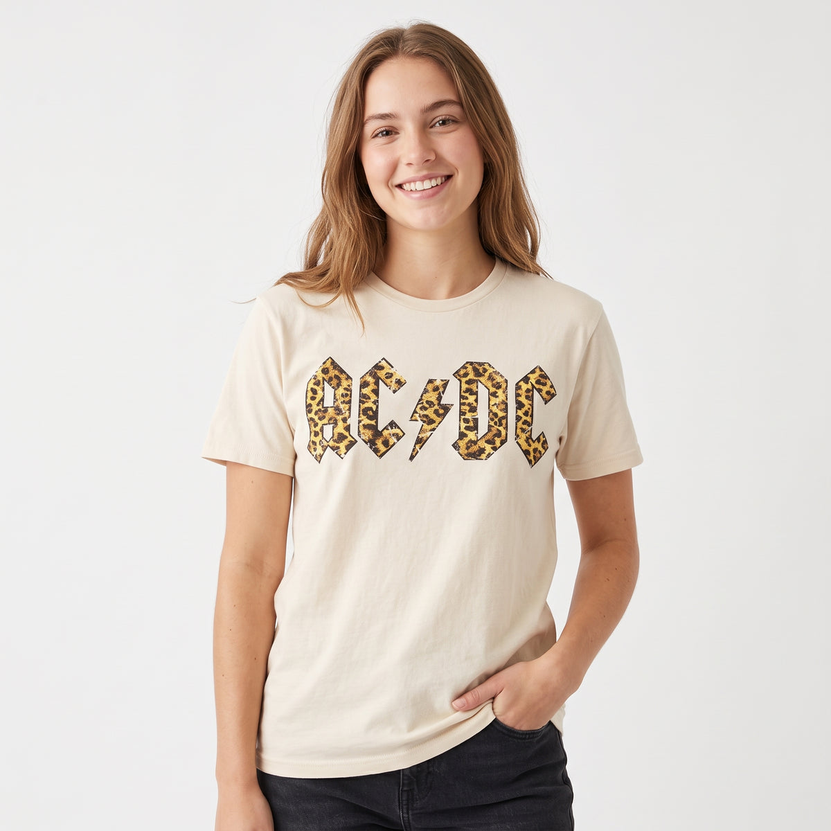 AC/DC Leopard Print Logo Graphic Tee – Women's Unisex Vintage Band T-Shirt, Cream
