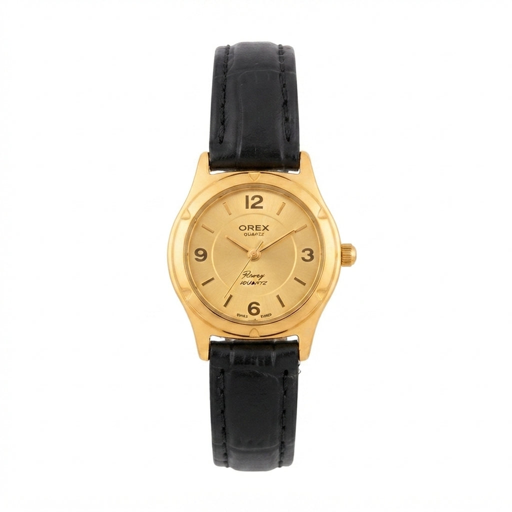 Vintage OREX Quartz Watch - Gold-Tone Dial & Case Black - Battery Required