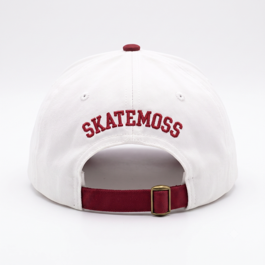 SkateMoss "LAST TRY" Retro Two-Tone Dad Hat – White & Burgundy Cotton Cap with Multi-Color Embroidery