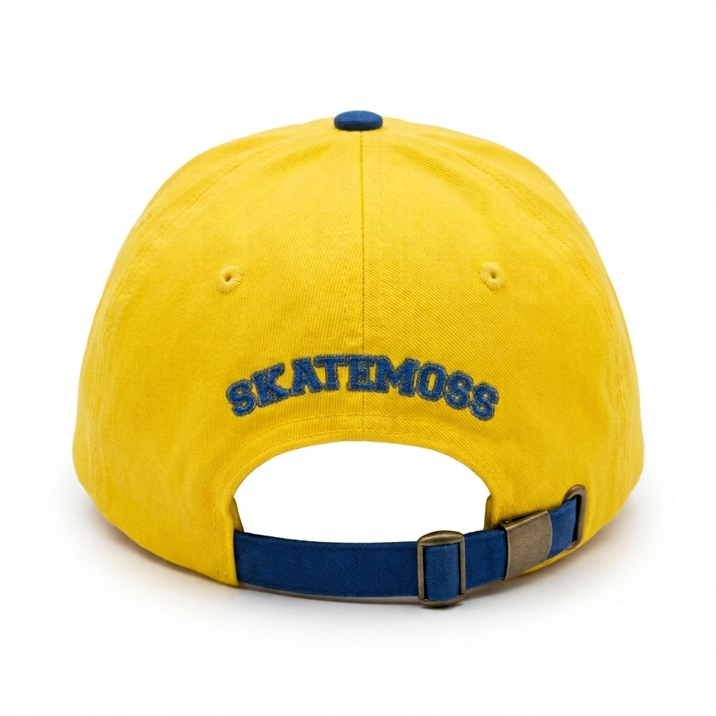 SkateMoss Retro Color-Block Dad Hat – Vibrant Yellow Cotton Cap with Multi-Color Checkered Brim