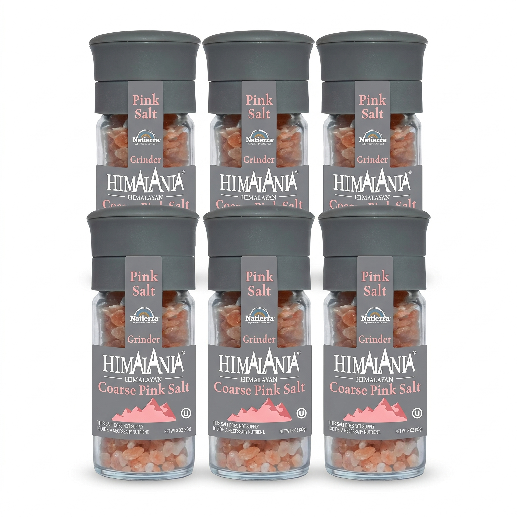 Natierra Himalania® Coarse Pink Salt Glass Grinder Bottle – 3 oz (6-Pack)
