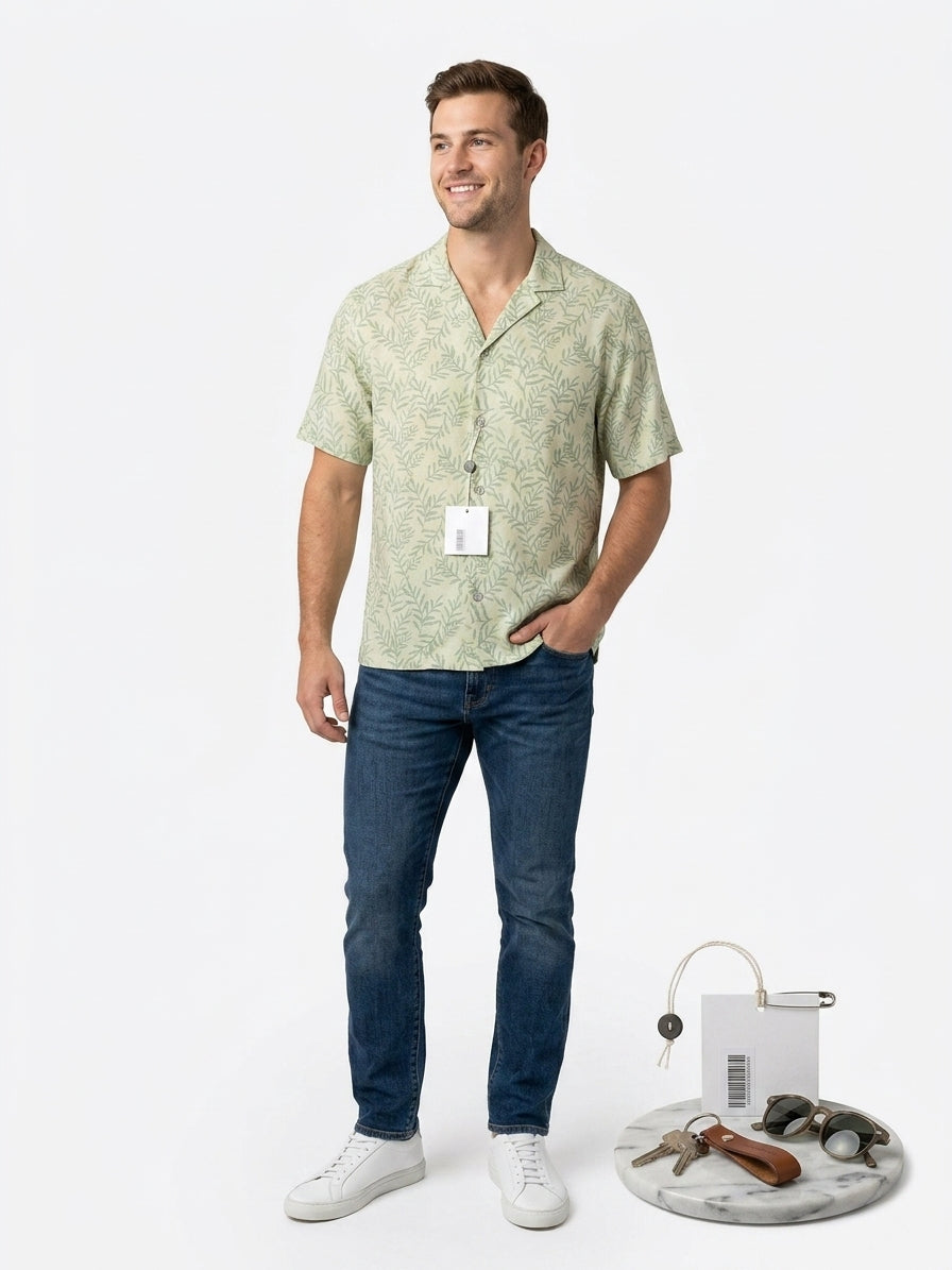 8 By Yoox Green Botanical Leaf Print Short Sleeve Camp Collar Shirt (Size: 31x38)