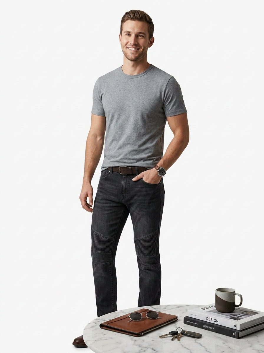 Biker Style Black Denim with Ribbed Knee Panels (34x32)