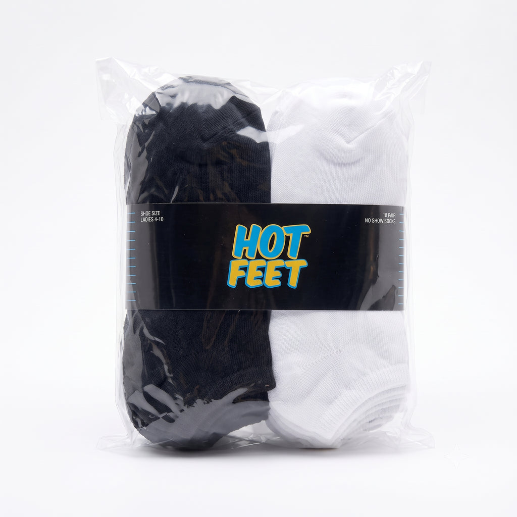 HOT FEET Ladies Solid Black & White 18-Pack No-Show Socks