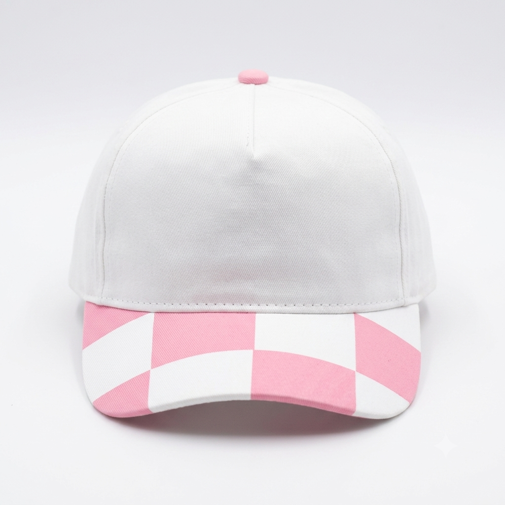 SkateMoss Pastel Color-Block Dad Hat – Crisp White Cotton Cap with Pink Checkered Brim