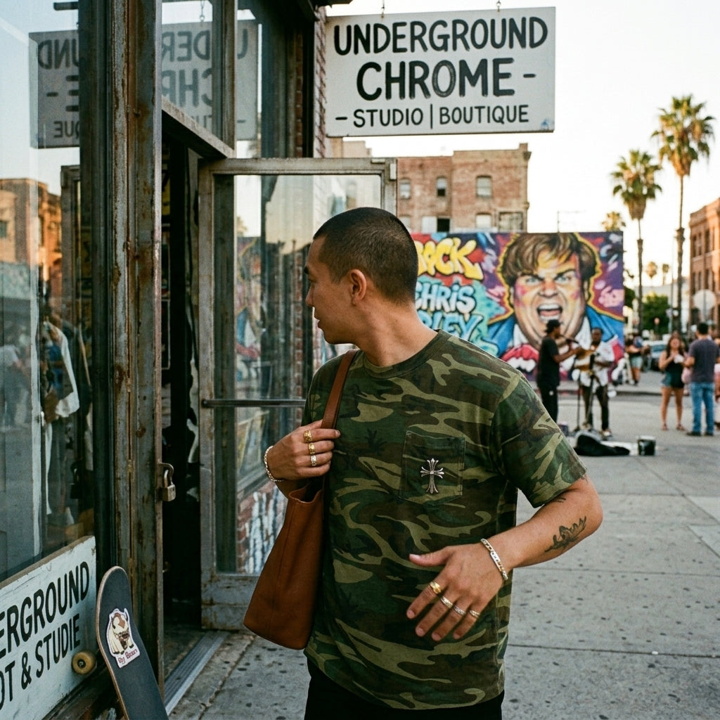 Vintage Chrome Hearts Vintage Camouflage T-Shirt - Woodland Camo with Cross Embroidered Pocket (Size L)